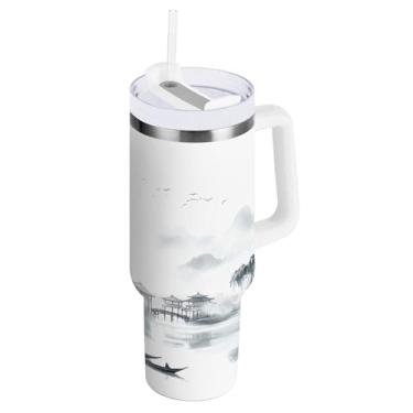 Imagem de Qilmy Copo de pintura de paisagem de tinta chinesa de 1,134 g com tampa e palha, copo isolado de aço inoxidável durável à prova de vazamento com alça, garrafas de água à prova de derramamento para