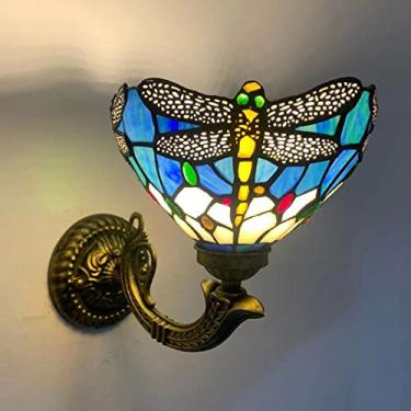 Imagem de Aplique de parede em vitral com libélula, estilo Tiffany, luminária de cabeceira mediterrânea americana feita à mão com espelho, ideal para corredor, quarto ou hall de entrada, soquete E27.