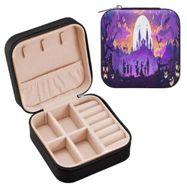 Imagem de YETTASBIN Caixa de joias castelo de Halloween para adolescentes, meninas, mulheres, presente de aniversário, Natal, caixa de armazenamento portátil de couro PU, mini estojo de joias de viagem para