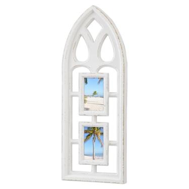 Imagem de Sintosin Moldura de janela rústica, decoração de parede, 30,5 x 78 cm, janela falsa envelhecida com molduras para fotos para decoração de parede, 2 compartimentos, painel de janela arqueado de madeira