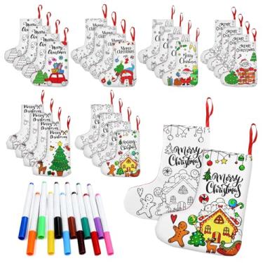 Imagem de EUBUY 24 peças para colorir suas próprias meias de Natal com 48 canetas, meias de Natal DIY artesanato personalizado estoque de natal saco de presente criativo para família amigos decoração de férias
