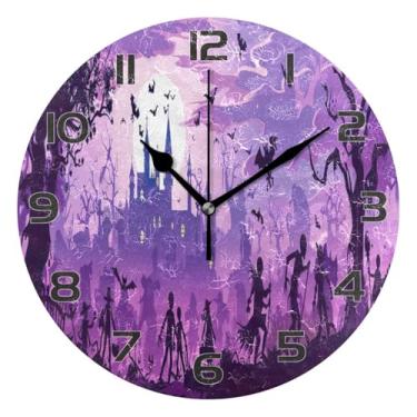 Imagem de YETTASBIN Relógio de parede de castelo de Halloween, silencioso, sem tique-taque, operado por bateria, relógio redondo decorativo criativo para cozinha, sala de estar, banheiro, decoração de