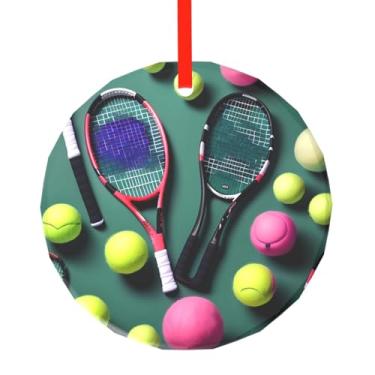 Imagem de Raquetes de tênis engraçadas e bolas de tênis com pingente de vidro redondo requintado de 7,8 cm decoração de árvore de Natal enfeites de Natal