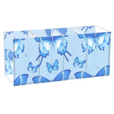 Imagem de Burbuja Porta-canetas de acrílico Blue Butterflies com 4 compartimentos, suporte de lápis transparente para pincéis de maquiagem, acessórios de mesa de escritório em casa