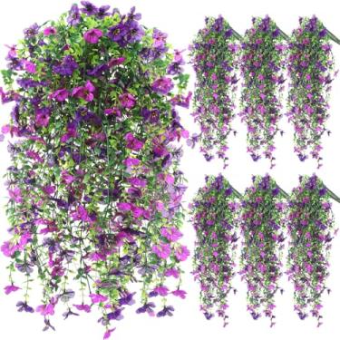 Imagem de FineCheer 6 peças de flores artificiais de primavera para pendurar ao ar livre seda sintética mãe decoração de planta violeta com eucalipto realista resistente a UV trepadeira primavera pátio varanda