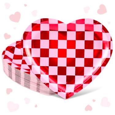 Imagem de FYSUIMU Pratos de papel para o dia dos namorados, pratos de jantar, folha vermelha, xadrez, formato de coração, utensílios de mesa descartáveis para o dia das mães, aniversário, casamento, festa de