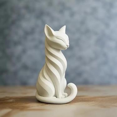 Imagem de Poranlem Escultura elegante de gato para espaços criativos, arte doméstica europeia, ambiente encantador, estátua de gatinho branco na mesa, estantes de livros, ideal para decoração de escritório