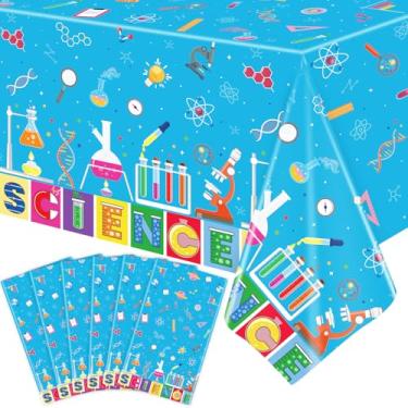 Imagem de LWYGEGJO 6 peças de decoração de toalha de mesa científica tema cientista louco artigos de festa de aniversário capa de mesa retangular 129,5 x 218,4 cm capas de mesa de laboratório para decoração de