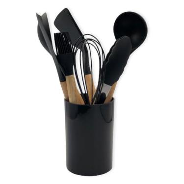 Imagem de Conjunto de Utensílios de Cozinha em Silicone com Cabo de Madeira, Preto, 8 Peças com Porta Utensílios