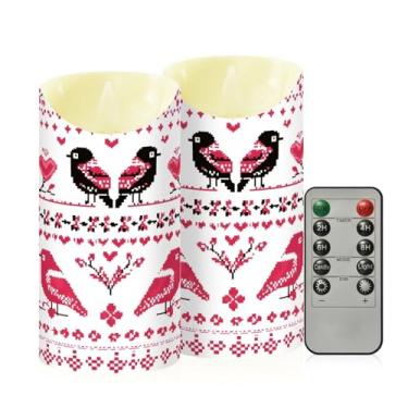 Imagem de Wassud Pacote com 2 velas bordadas de corações e pássaros sem chama com controle remoto, velas realistas cintilantes com temporizador, velas decorativas para Natal, casamento, festa, decoração de casa