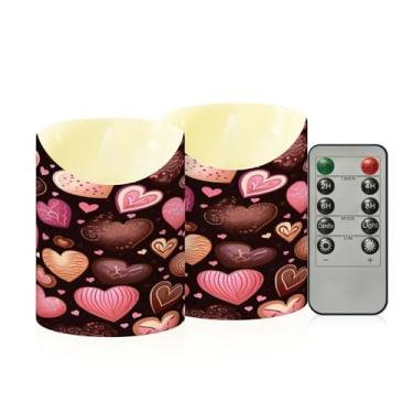 Imagem de Wassud Pacote com 2 unidades de padrão de coração de chocolate (2) velas sem chama com controle remoto, velas realistas cintilantes com temporizador, velas decorativas para Natal, casamento, festa