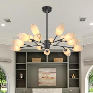 Imagem de Lustre retrô Sputnik dourado com 15 lâmpadas, luminária pendente com cúpula de vidro, estilo meados do século XX, ideal para sala de estar, sala de jantar, quarto e cozinha (preto, 15 lâmpad