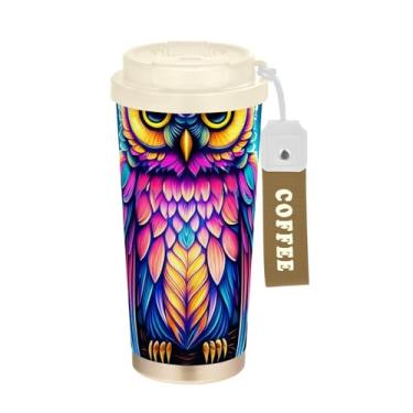 Imagem de TSENQUE Caneca de café colorida com estampa de coruja bonita, 40 ml com canudo e tampa, canecas de café de parede dupla isoladas a vácuo com revestimento cerâmico para escritório, escola, festa