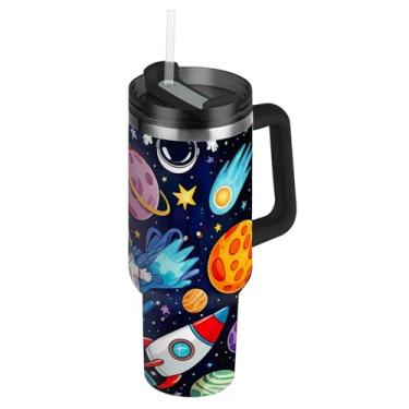 Imagem de Joisal Copos com tampas e canudo colorido planetas espaciais astronauta copo de 850 g com alça grande garrafa de água isolada garrafa de água de aço inoxidável cabe no copo do carro