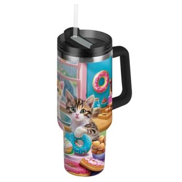 Imagem de Joisal Copo de 850 g com alça copos de aço inoxidável com tampas e canudo garrafas de água térmica carros isolados caneca de café bebida quente gatos fofos com donuts