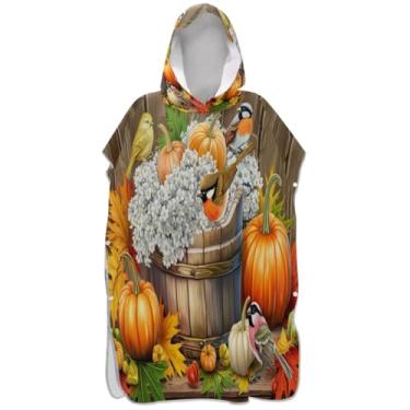 Imagem de Joisal Poncho de surfe para trocador adulto toalha de banho com capuz toalha de banho masculina de secagem rápida com capuz colorido outono pássaros abóbora