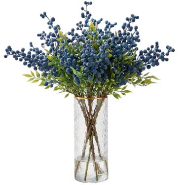 Imagem de Giegxin Pacote com 12 hastes artificiais de baga azul, palhetas de mirtilo falsas, adesivos decorativos de flores artificiais, acessórios de mirtilo falso para decoração de festa de casamento, casa