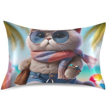 Imagem de Travesseiro de cetim engraçado gato fofo engraçado travesseiro refrescante travesseiro padrão queen king travesseiro confortável almofadas de cama macias, tamanho Queen, 76 cm x 50 cm