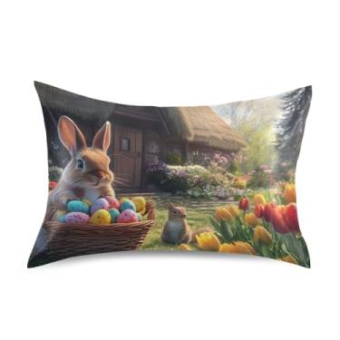 Imagem de Fronhas de cetim para jardim de tulipas de coelhinho da páscoa lindas capas de travesseiro padrão king queen arte fofa capa de almofada macia tamanho queen 76 cm x 50 cm