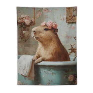 Imagem de Tapeçaria vintage capivara na banheira para banheiro floral chalé para pendurar na parede animal fofo spa decoração para banheiro banheiro casa boho, decoração de parede, presente dormitório