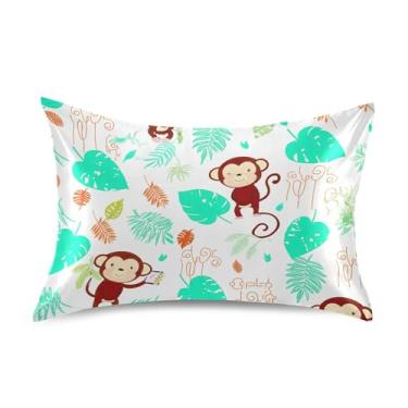 Imagem de Lindos desenhos animados macacos folhas brancas fronhas de cetim bonito arte refrescante rei queen fronha padrão para cabelo e pele tamanho padrão 66.0 cm x 50.8 cm