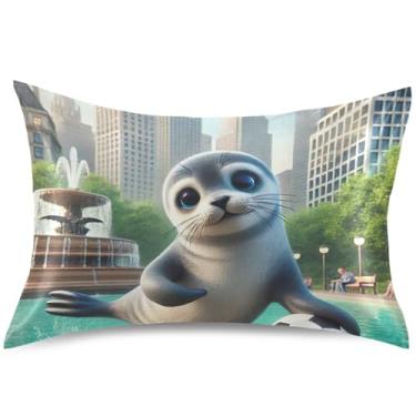 Imagem de Capas de almofada de cetim com estampa de selo fofo, capa de travesseiro padrão King Queen, decoração estética, tamanho padrão, 66 cm x 50 cm