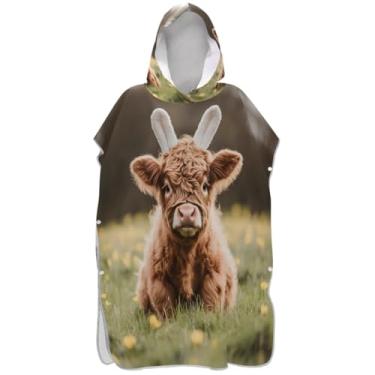 Imagem de Joisal Roupão para adultos, poncho de surfe, toalha de banho com capuz, leve, fofo, Páscoa, vaca highland, ponchos femininos com capuz