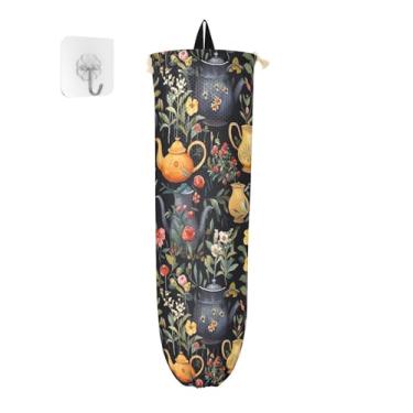 Imagem de GAIGEO Bules e flores em cinza escuro reutilizável organizador de armazenamento, suporte de saco de plástico, suporte de saco de plástico para armário