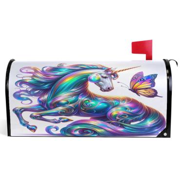 Imagem de TSENQUE Capas de caixa de correio iridescente unicórnio outono magnético sazonal vinil caixa de correio envoltório inverno moderno decoração de jardim tamanho padrão 52,6 x 45,8 cm