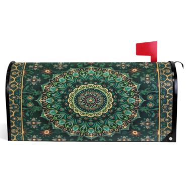Imagem de TSENQUE Capas de caixa de correio magnéticas decorativas outono caixa de correio mandala verde floresta decoração moderna caixa de correio tamanho padrão 52,6 x 45,8 cm