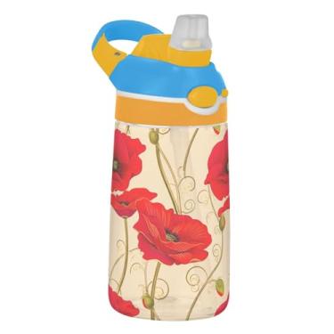 Imagem de Garrafa de água infantil bege com flores vermelhas vibrantes com canudo 473 ml Tritan 473 ml Garrafa de água esportiva à prova de vazamento, copos de viagem portáteis para crianças, reutilizáveis