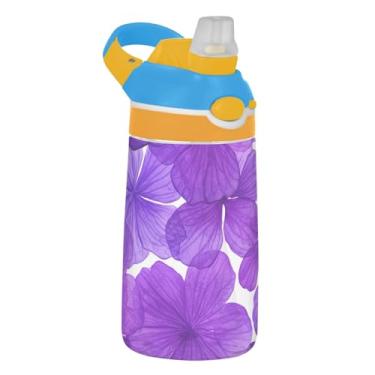Imagem de Garrafa de água infantil com folhas de flores roxas vibrantes com canudo 473 ml Tritan 473 ml Garrafa de água esportiva reutilizável portátil para crianças, à prova de vazamento, alça de transporte