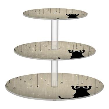 Imagem de Suporte de cupcake para festa de chá de gato escuro, 3 camadas, redondo, torre de cupcake, decoração de mesa, bandeja de servir comida, suprimentos de festa, biscoitos, aniversário, casamento