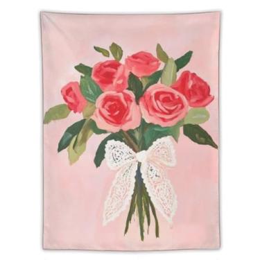 Imagem de Tapeçaria vintage para casais, vestido rosa, chapéu fedora, pétala, fundo macio, pintura a óleo, decoração romântica, decoração de casa para sala de estar, quarto, peça estética nostálgica, tapeçaria