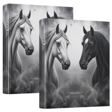 Imagem de Fichários de 3 anéis cinza com estampa de cavalos personalizados, 3 polegadas, comporta 200 folhas, pastas, portfólio, anel redondo, fichário de escritório, 31,5 x 27 x 6 cm, pacote com 2