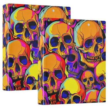Imagem de 3 fichários personalizados abstratos coloridos crânios humanos 3,8 cm, 200 folhas, pastas, caderno, anel redondo, fichário resistente, 31,5 x 27 x 6 cm, 1 pacote