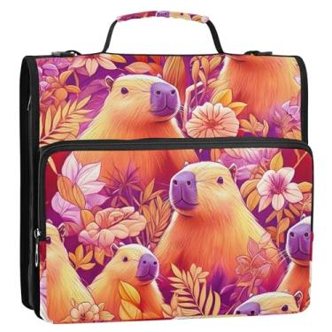 Imagem de Capivaras fofas de desenhos animados, florais, 3 anéis, fichário resistente, com zíper, bolsa com alça de ombro, portfólio e estojo para pasta de anel