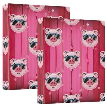 Imagem de Fichário fofo com 3 anéis listrados rosa de porco de 3 cm comporta 200 folhas, estampa divertida, 3 pastas de anéis, fichário redondo, 31,5 x 27 x 6 cm, pacote com 2