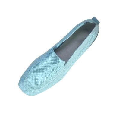 Imagem de Tênis feminino moderno casual versátil bico quadrado voador primavera verão confortável sapatos rasos para mulheres, Azul-claro celeste, 36