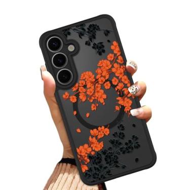 Imagem de OOK Capa para Samsung Galaxy S25 de 6,2 polegadas (compatível com carregamento sem fio) flores florais laranja translúcidas capa de telefone TPU macio + capa magnética rígida de policarbonato