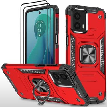 Imagem de HONG-AMY Capa para Moto G 5G 2024 com 2 peças de protetor de tela de vidro temperado, grau militar duplo à prova de choque com suporte - vermelho