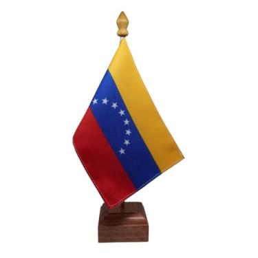 Imagem de Bandeira de Mesa Elegance Venezuela, Dupla Face, Base em Madeira Natural, 19x30cm, Tecido Oxford, Decorativa para Escritório, Eventos e Residências