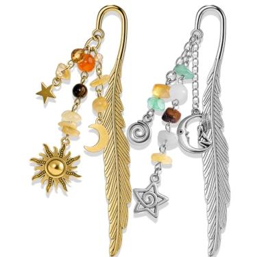 Imagem de Buleens Pacote com 2 marcadores de livro para mulheres que lêem – Marcadores de livros para leitores, vintage, prata, ouro, celestial, estrela, lua, sol, marcador de livro personalizado com pingentes