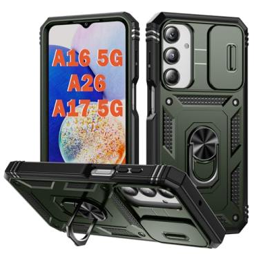 Imagem de PASNEW Capa para Samsung Galaxy A26/A16 5G/A17 5G, suporte de metal de 360° e capa de câmera deslizante, capa rígida à prova de choque de corpo inteiro, militar, resistente, 17 cm, verde exército