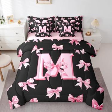 Imagem de Erosebridal Jogo de cama infantil fofo com laço rosa, tamanho casal, letra M, conjunto de edredom com lençol para meninas, com laço de coquete, inicial M, conjunto de cama com laço com monograma