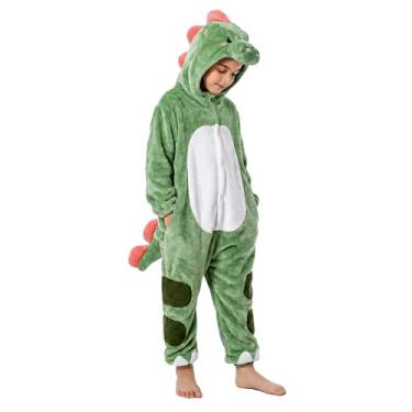 Imagem de OLAOLA Macacão infantil de animal, unissex, pijama de cosplay de pelúcia para meninas e meninos, fantasia de Halloween de uma peça, Dinossauro, 7-9 Anos