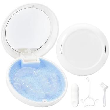 Imagem de Gaboolo Capa retentora fina com orifícios de ventilação, linda caixa de suporte dentário com ferramenta de remoção de retentor e escova compatível com protetor noturno e protetor bucal (branco azul)