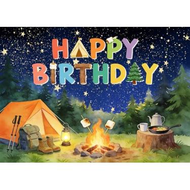 Imagem de DePhoto Pano de fundo para acampamento de aniversário de 1,8 x 1,8 m para acampamento, fogueira, floresta noturna, marshmallows assados, decoração de festa, decoração de festa, adereços de vinil