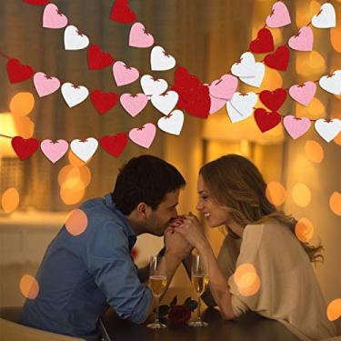 Imagem de Banner de guirlanda de feltro de coração de dia dos namorados, decoração de festa romântica com 1 linha de corações vermelhos rosa e brancos, cordão durável para parede lareira casamento aniversário