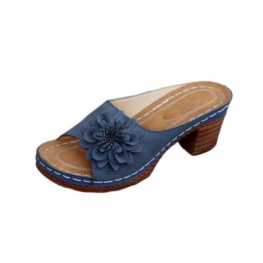 Imagem de Sandálias femininas de salto alto de bico aberto casual verão cor sólida salto grosso confortável Chinelo de cabeça redonda PU superior múltiplo, Azul royal, 36